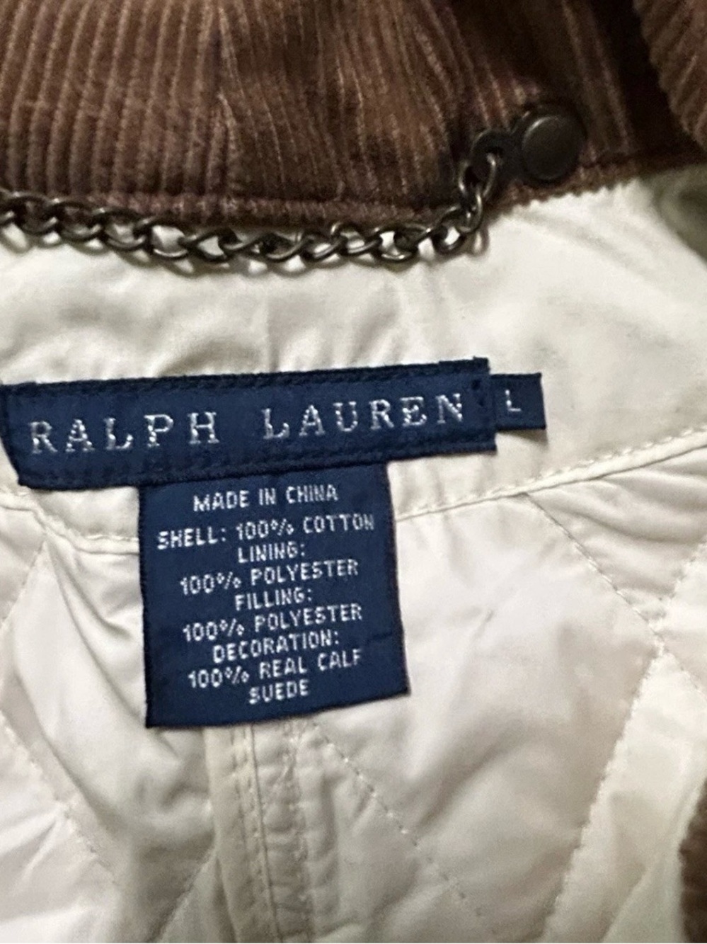 Women’s Ralph Lauren Cream Quilted Puffer Vest Brown Corduroy Collar Size Large - Picture 5 of 6